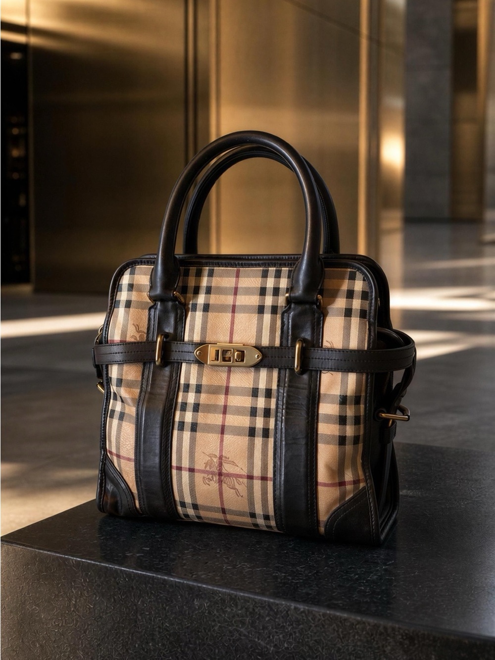 Burberry Tan Check Canvas Satchel with Black Leather Trim and Gold Hardware